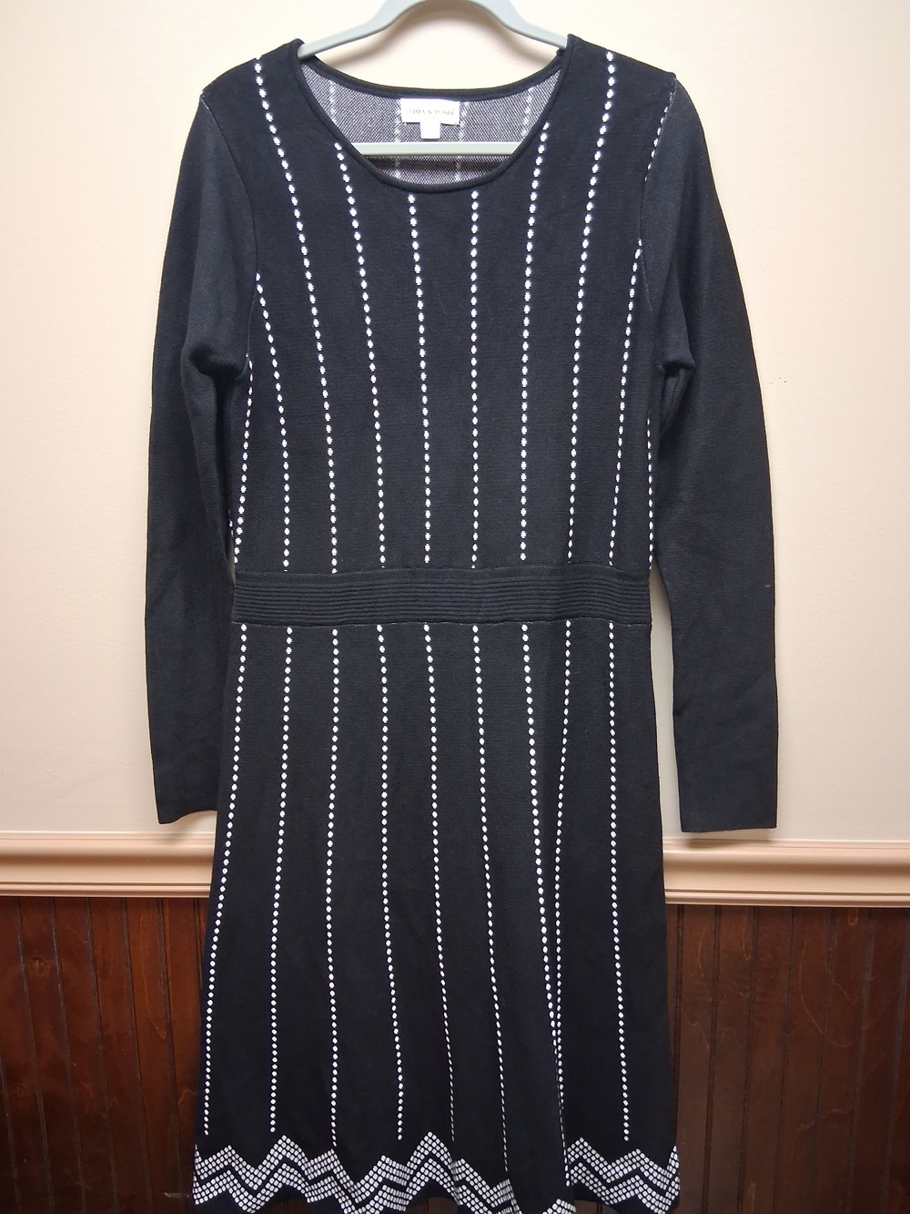 Emma & Posh Fit & Flare Knit Dress Black White Dotted Stripe Zigzag SZ XL